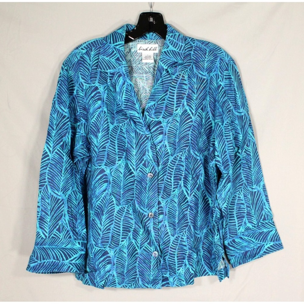 BIRCH HILL Teal TROPICAL LEAF Button-Up ROLLED CUFFS Midweight LINEN Shirt/Top L
